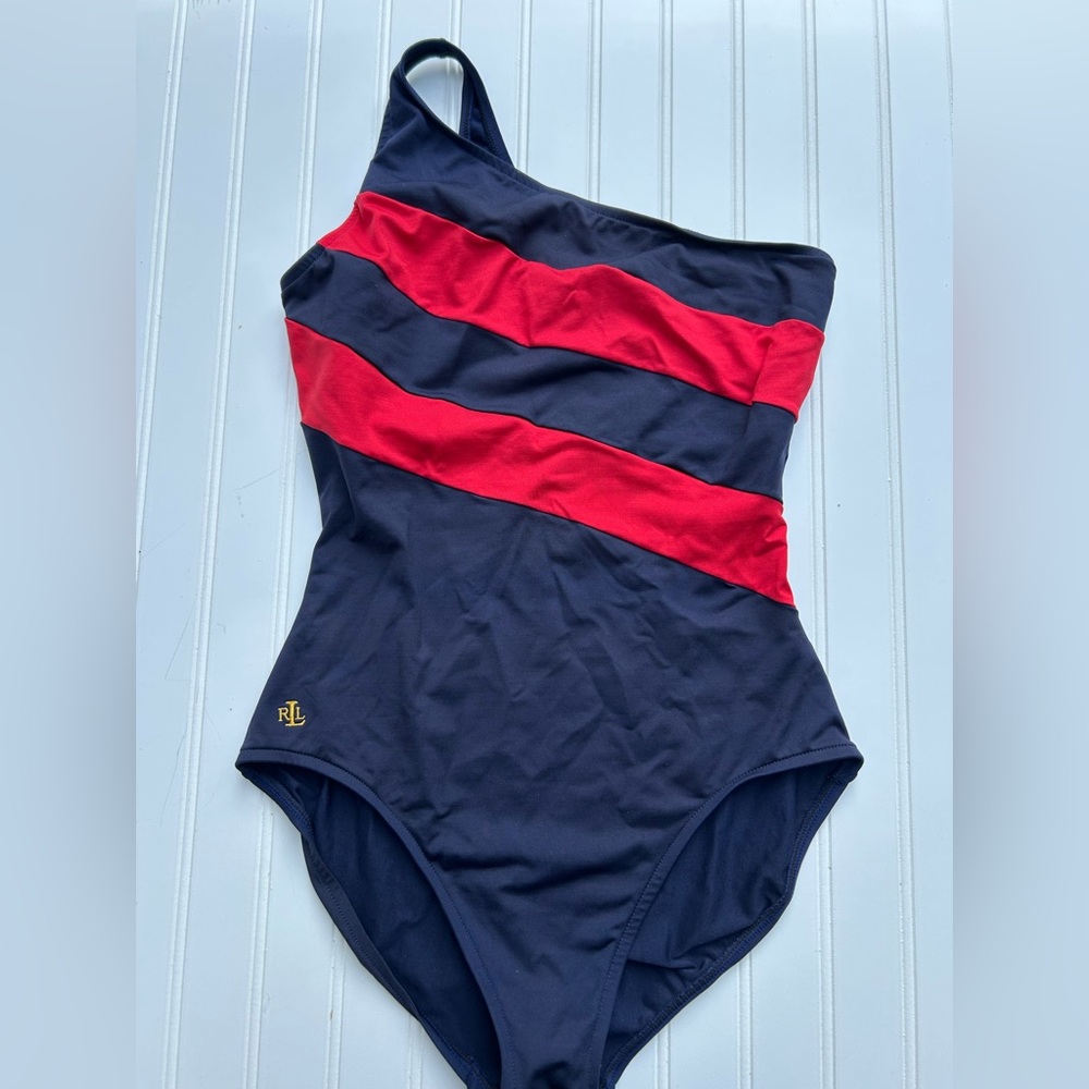 Lauren Ralph Lauren Swim Suit Navy Red One-Shoulder One Piece Size 12 Made USA